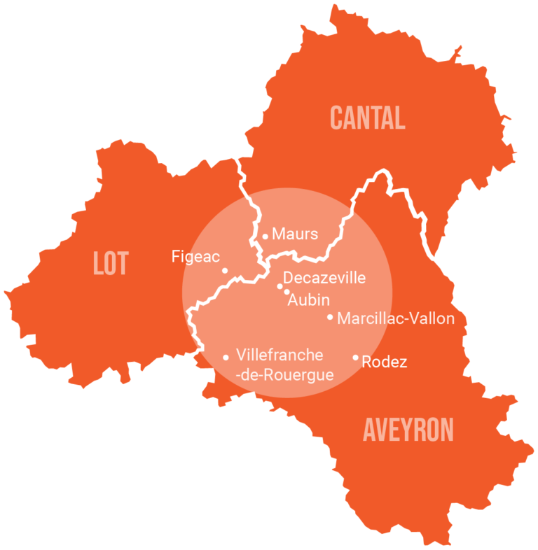 Carte zone d'intervention Bassin Boissons Cave à vin bière spiritueux sans alcool Aubin Decazeville Aveyron Lot Cantal